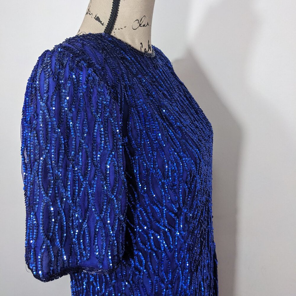 NWT STENAY Blue 100% Silk Sequined Formal Holiday Evening Dress Classy 16 - Picture 14 of 15